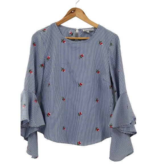 Kontro J Blue & White Stripe Embroidered Flowers Blouse - Medium - Picture 1 of 10